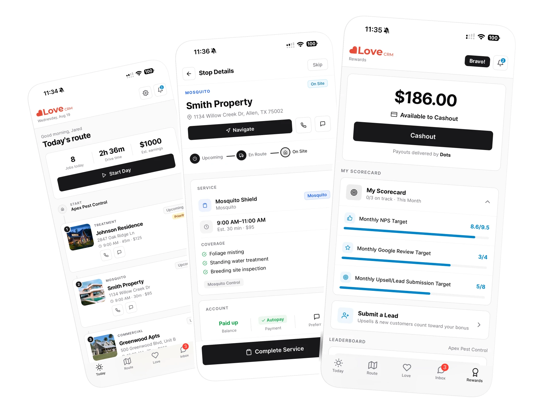 Love CRM technician mobile app on three phones: today's route with jobs and estimated earnings, a stop detail screen with service coverage, and a rewards screen with payout and scorecard.
