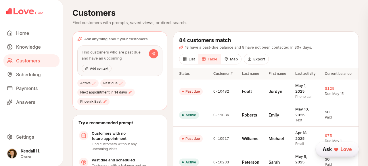 The Love customers screen answering a natural-language search with a ranked table of matching customers