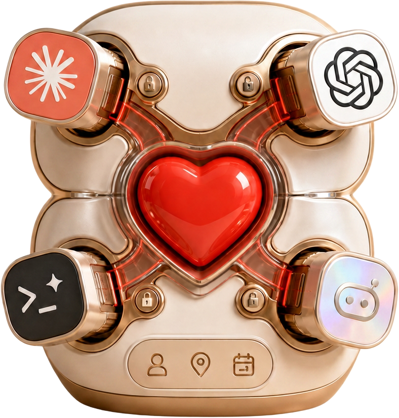 Claude, ChatGPT, Codex, and custom agents docked into the Love CRM core — customers, jobs, and scheduling